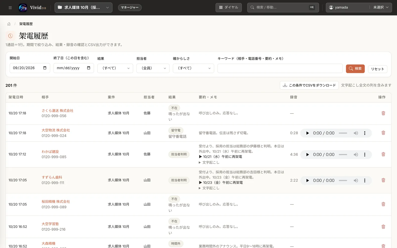 架電履歴画面。1通話1行で、相手、案件、担当者、結果、要約とメモ、録音プレーヤーが並ぶ